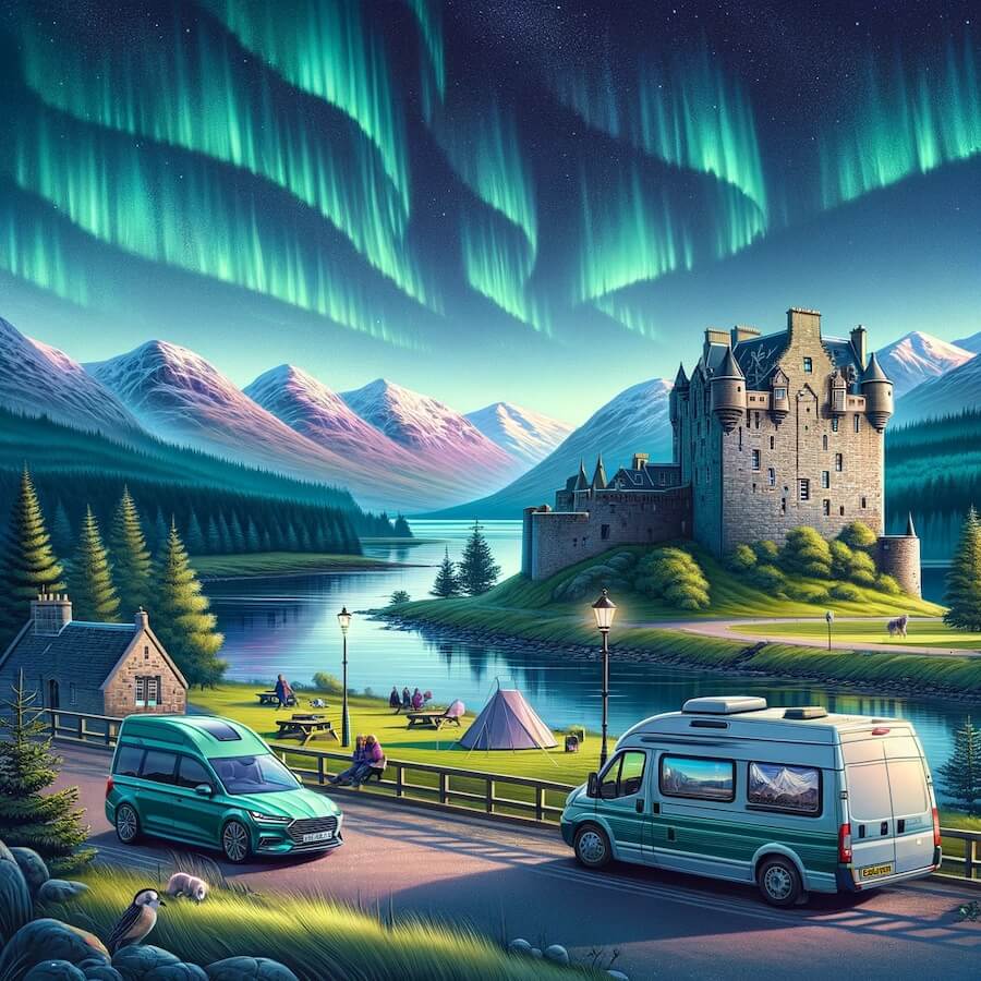 Château écossais et van aménagé stationné, baignés dans la lumière verte des aurores boréales nocturnes.